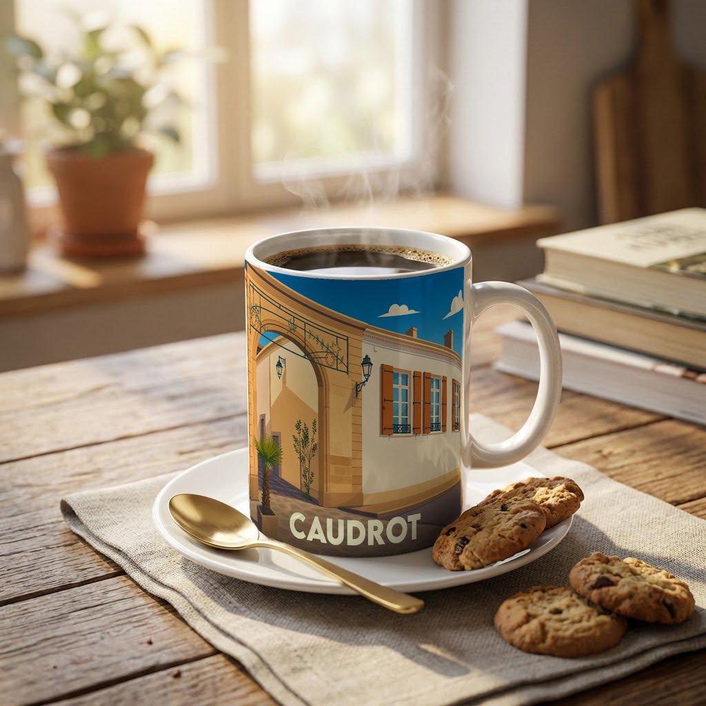 Mug souvenir de la ville de Caudrot avec une illustration stylisée d'un bâtiment historique et de son arche.