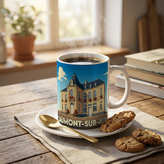 Mug souvenir de la ville de Caumont-sur-Aure orné d'une illustration stylisée de son hôtel de ville.