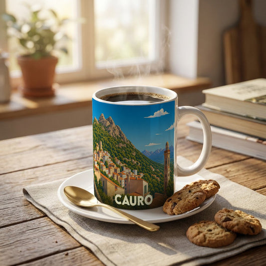 Mug souvenir de la ville de Cauro avec une illustration stylisée de paysages montagneux.