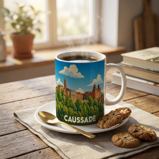 Mug souvenir de la ville de Caussade orné d'une illustration stylisée de son paysage urbain.