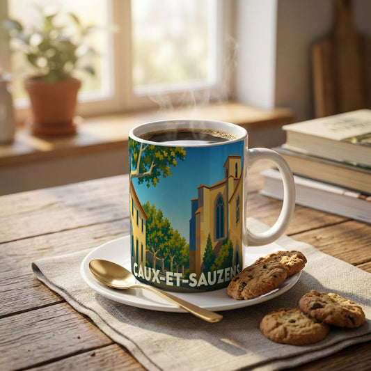 Mug souvenir de la ville de Caux-et-Sauzens illustré d'une scène urbaine stylisée.