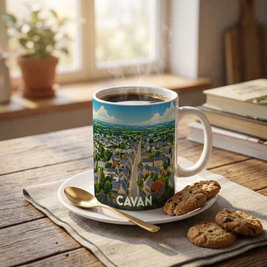 Mug souvenir de la ville de Cavan orné d'une illustration panoramique et colorée.