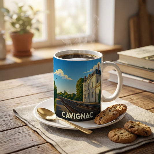 Mug souvenir de la ville de Cavignac avec une illustration stylisée montrant la gare et ses rails sous un ciel bleu.