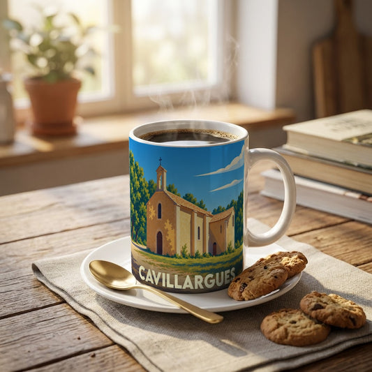 Mug souvenir de la ville de Cavillargues avec une illustration stylisée d'une chapelle provençale.