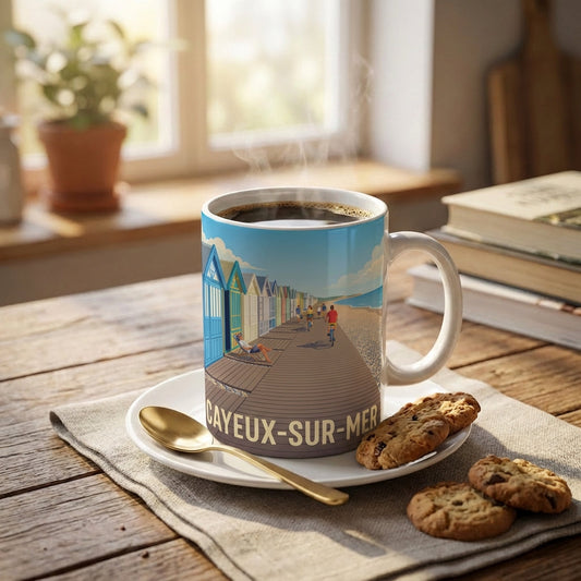 Mug souvenir de la ville de Cayeux-sur-Mer avec une illustration stylisée de son chemin de planches et de ses cabines de plage.