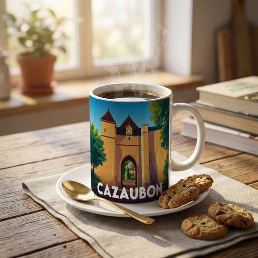 Mug souvenir de la ville de Cazaubon avec une illustration stylisée d'une porte médiévale.