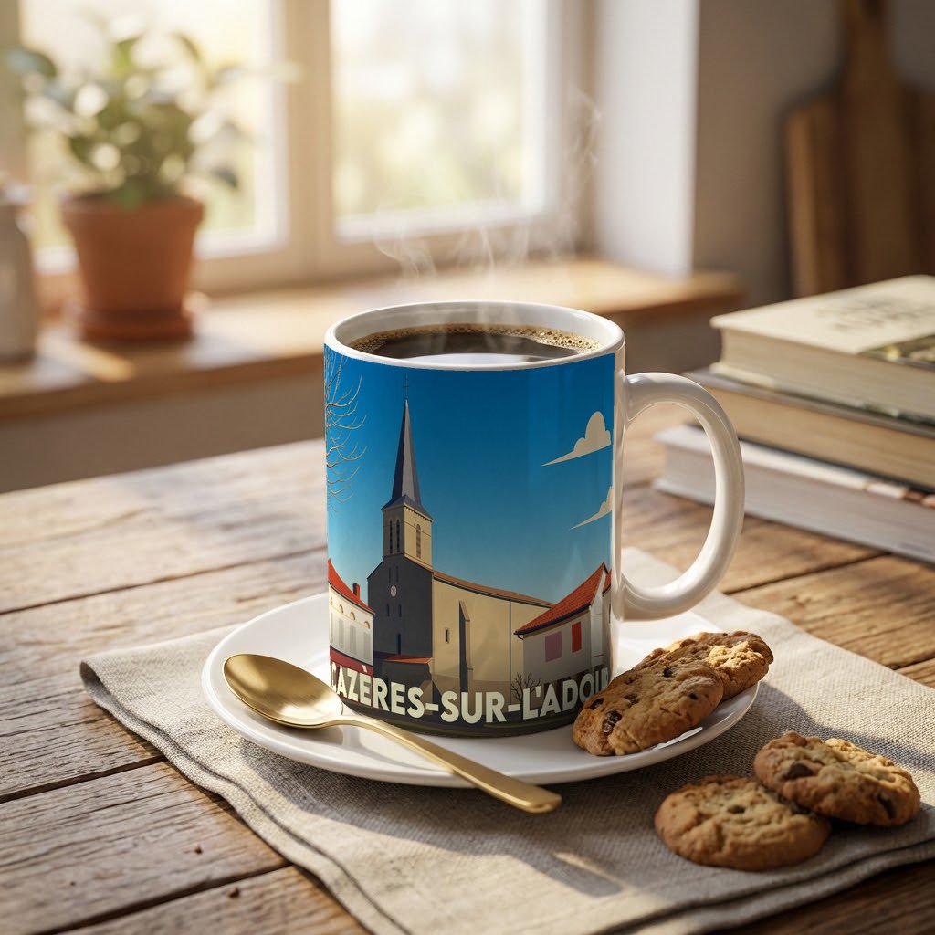 Mug souvenir de la ville de Cazères-sur-l'Adour avec une illustration stylisée de son église.