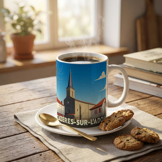 Mug souvenir de la ville de Cazères-sur-l'Adour avec une illustration stylisée de son église.