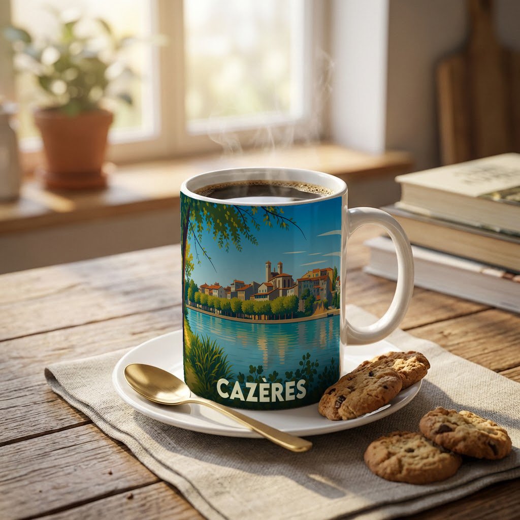 Mug souvenir de la ville de Cazères avec une illustration stylisée des bords de Garonne.