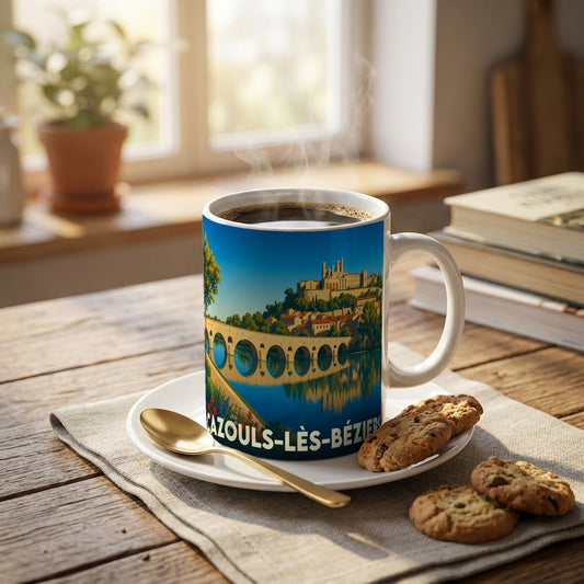 Mug souvenir de la ville de Cazouls-lès-Béziers illustré d'un paysage pittoresque avec pont et cathédrale.