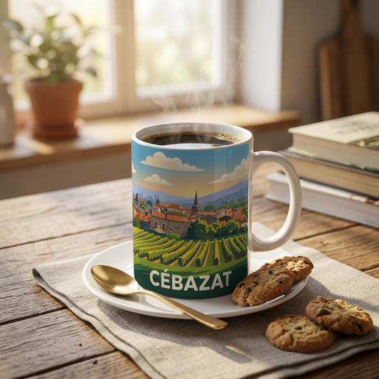 Mug souvenir de la ville de Cébazat avec une illustration stylisée.