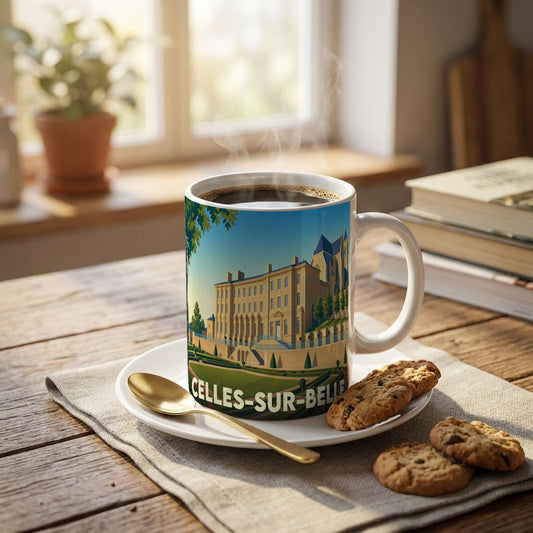 Mug souvenir de la ville de Celles-sur-Belle avec une illustration stylisée de son abbaye royale.