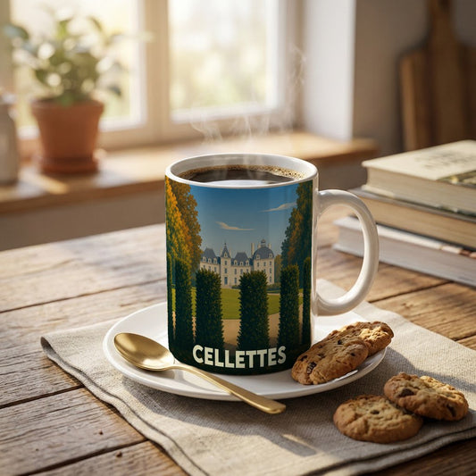 Mug souvenir de la ville de Cellettes orné d'une illustration stylisée d'un château et de jardins.