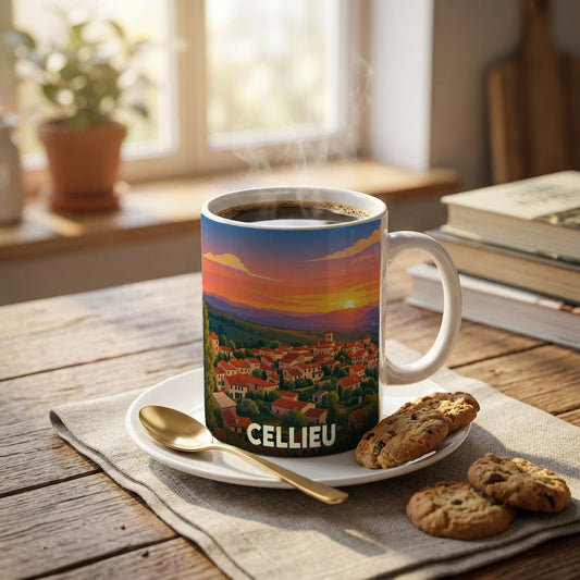 Mug souvenir de la ville de Cellieu orné d'une illustration stylisée d'un paysage urbain au coucher du soleil.