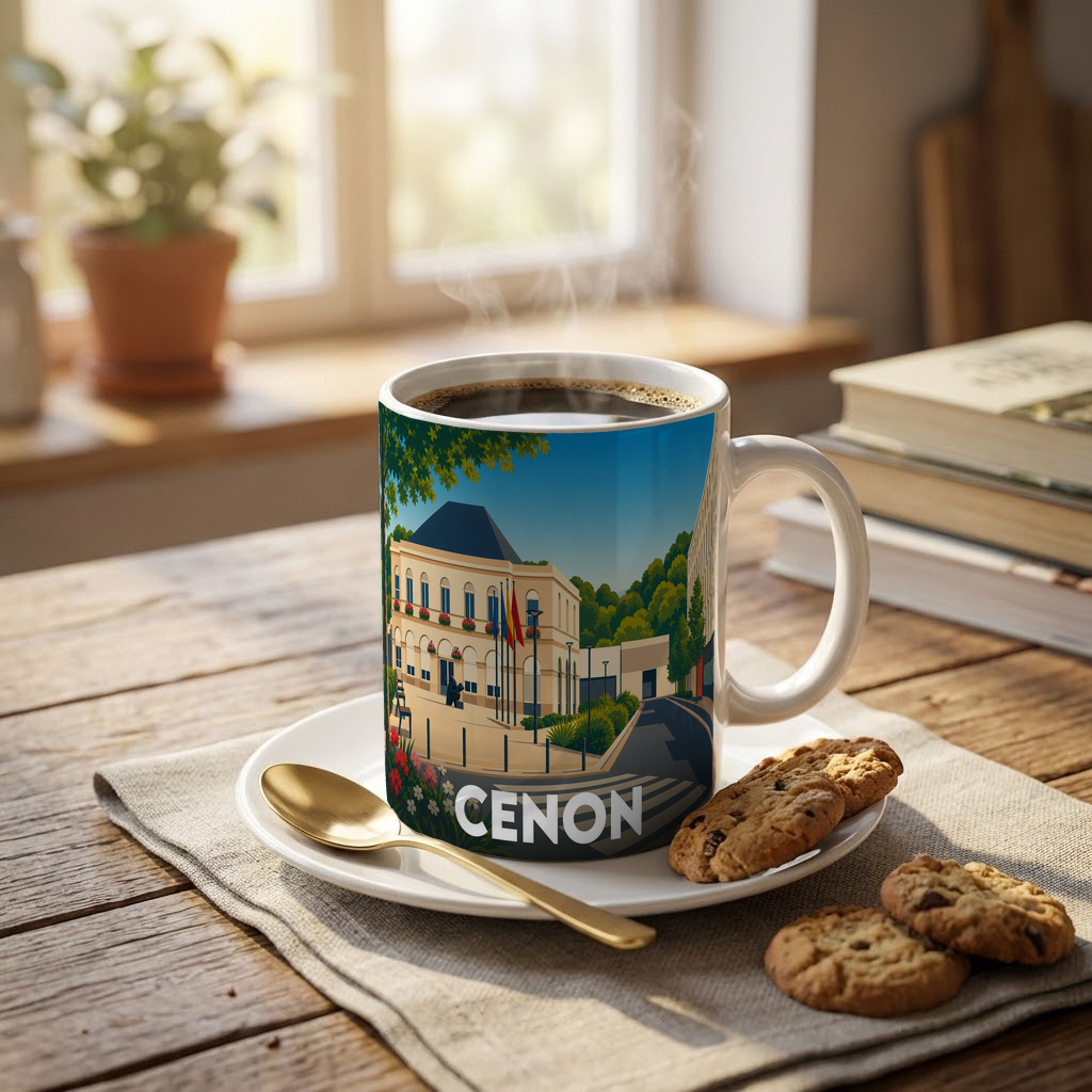 Mug souvenir de la ville de Cenon avec une illustration stylisée et colorée de son architecture.