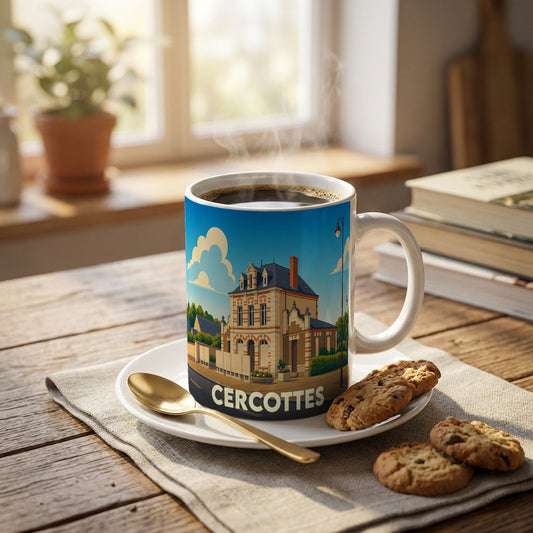 Mug souvenir de la ville de Cercottes avec une illustration stylisée de son architecture.