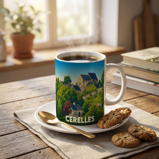 Mug souvenir de la ville de Cerelles avec une illustration de ses habitations et paysages verdoyants.