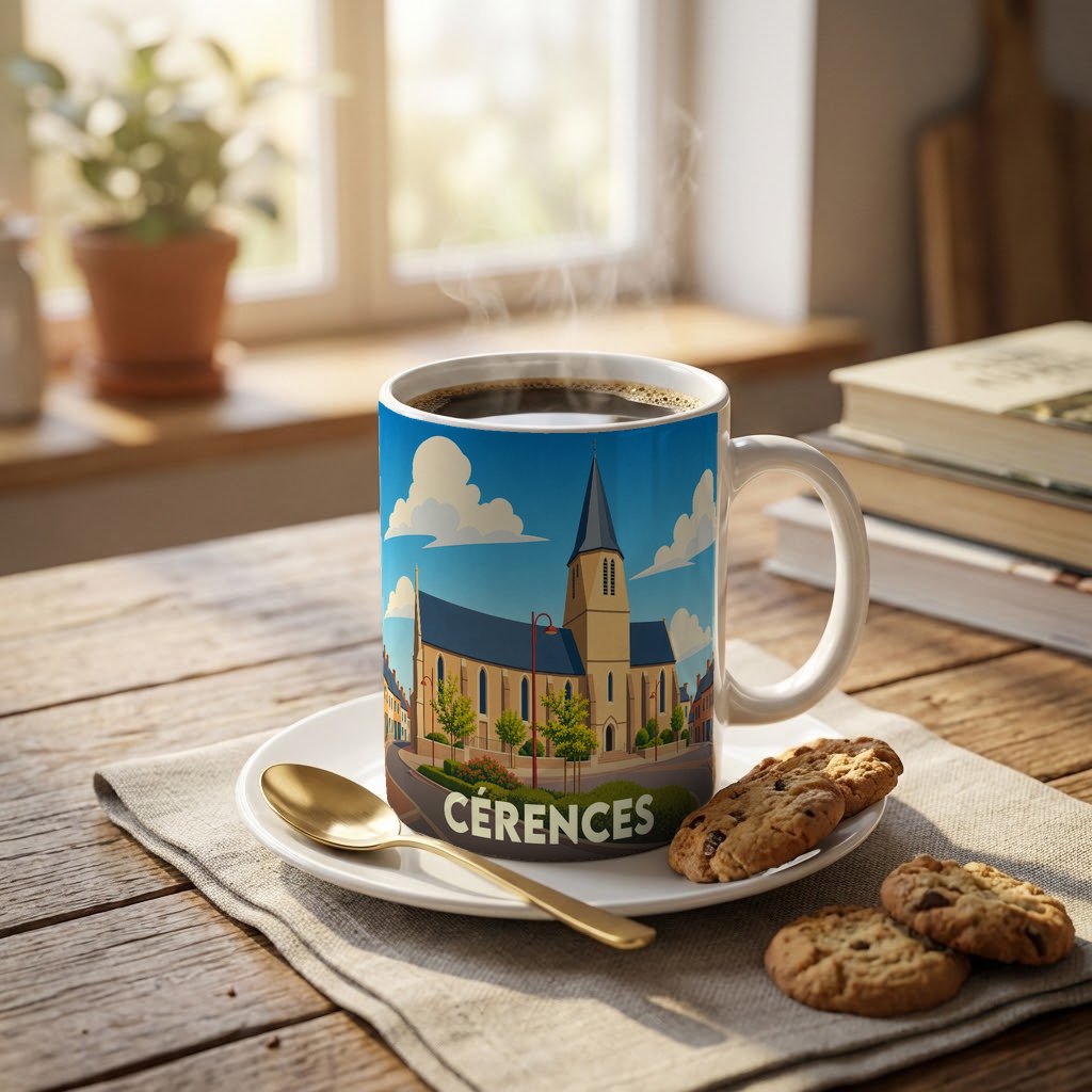 Mug souvenir de la ville de Cérences avec une illustration stylisée d'une église sous un ciel bleu.