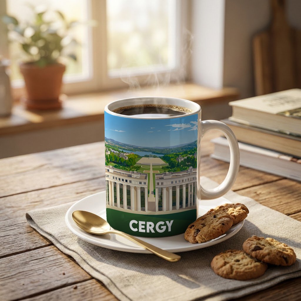 Mug souvenir de la ville de Cergy avec une illustration panoramique stylisée.