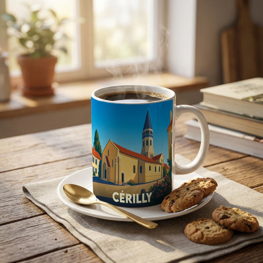 Mug souvenir de la ville de Cérilly avec une illustration stylisée de son église.
