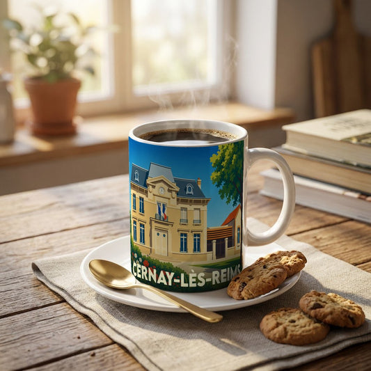 Mug souvenir de la ville de Cernay-lès-Reims avec une illustration stylisée de sa mairie.