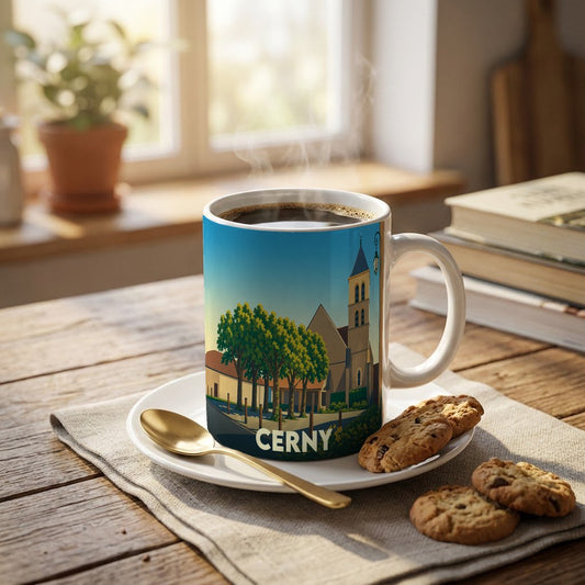 Mug souvenir de la ville de Cerny orné d'une illustration stylisée de son église et de ses arbres.