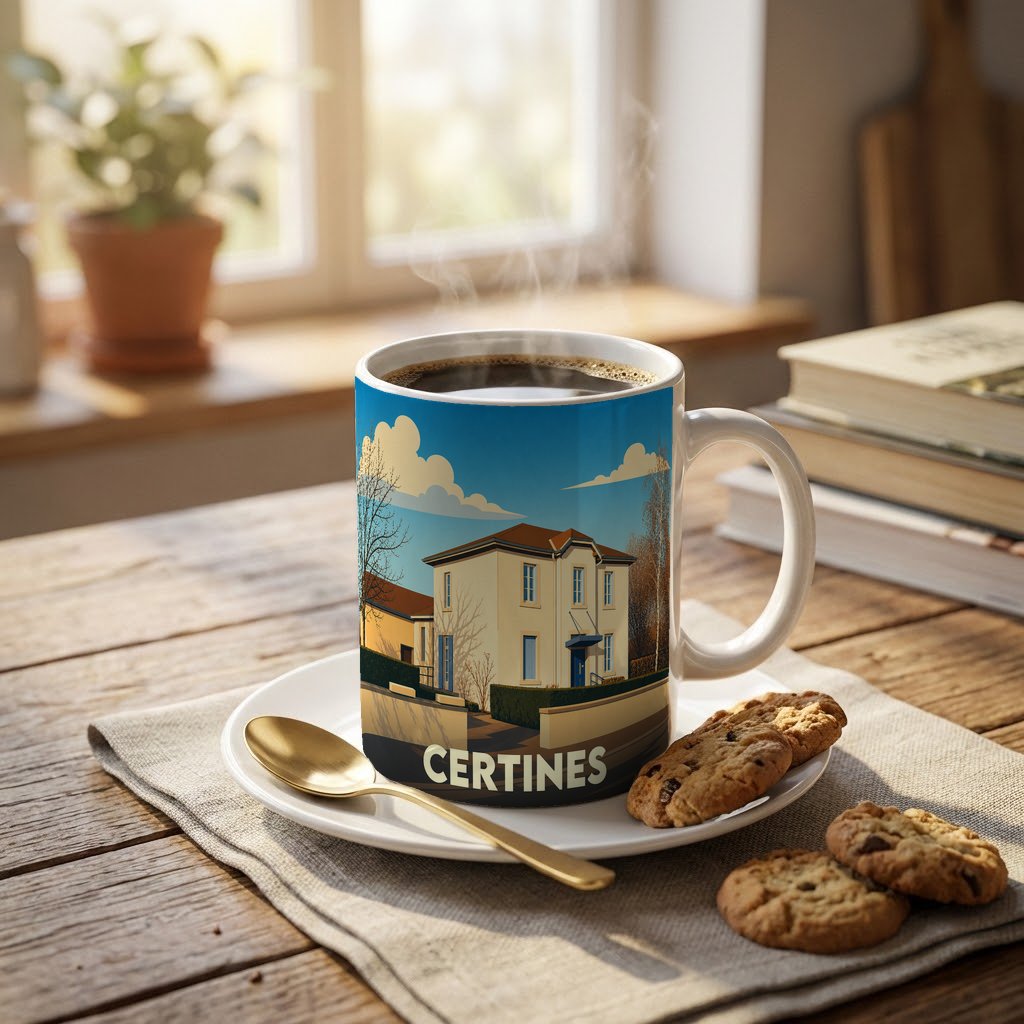 Mug souvenir de la ville de Certines avec une illustration stylisée d'une maison sous un ciel bleu.