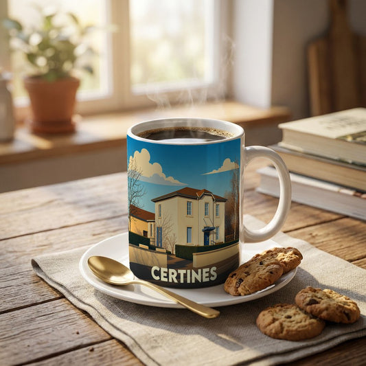 Mug souvenir de la ville de Certines avec une illustration stylisée d'une maison sous un ciel bleu.