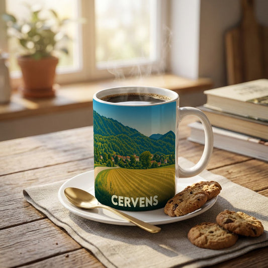 Mug souvenir de la ville de Cervens avec une illustration stylisée de paysages vallonnés.