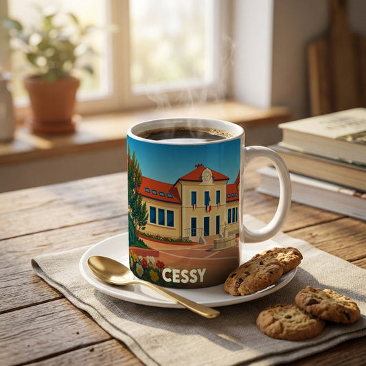 Mug souvenir de la ville de Cessy arborant une illustration stylisée de sa mairie.