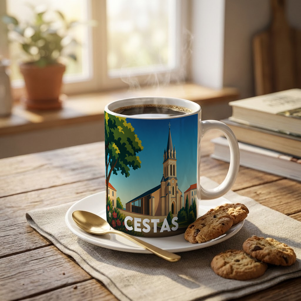 Mug souvenir de la ville de Cestas avec une illustration stylisée de son église.