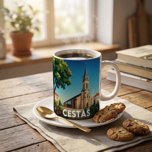 Mug souvenir de la ville de Cestas avec une illustration stylisée de son église.