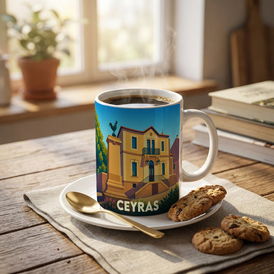 Mug souvenir de la ville de Ceyras orné d'une illustration stylisée de son architecture locale.