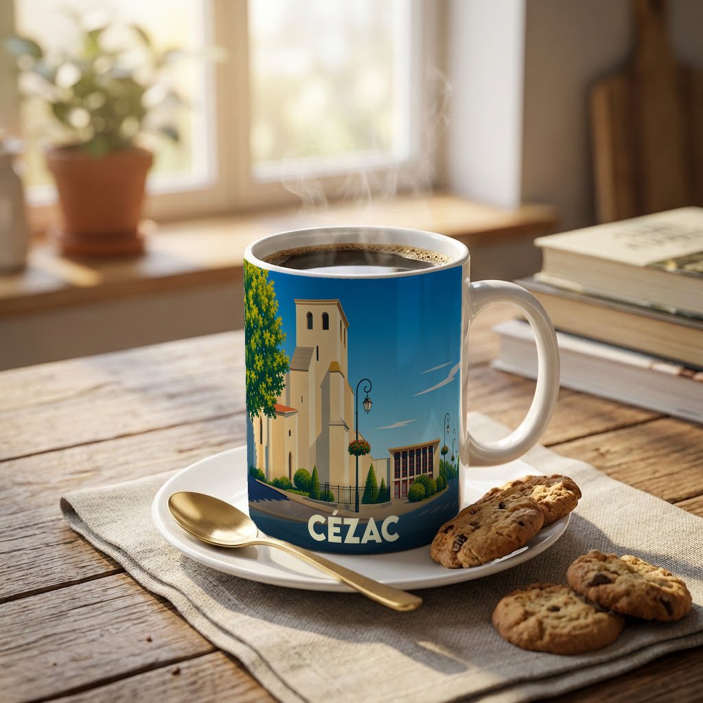 Mug souvenir de la ville de Cézac illustré d'un paysage urbain stylisé.