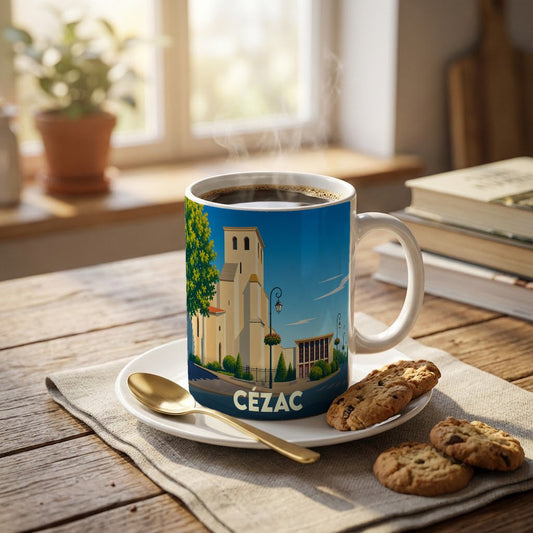 Mug souvenir de la ville de Cézac illustré d'un paysage urbain stylisé.