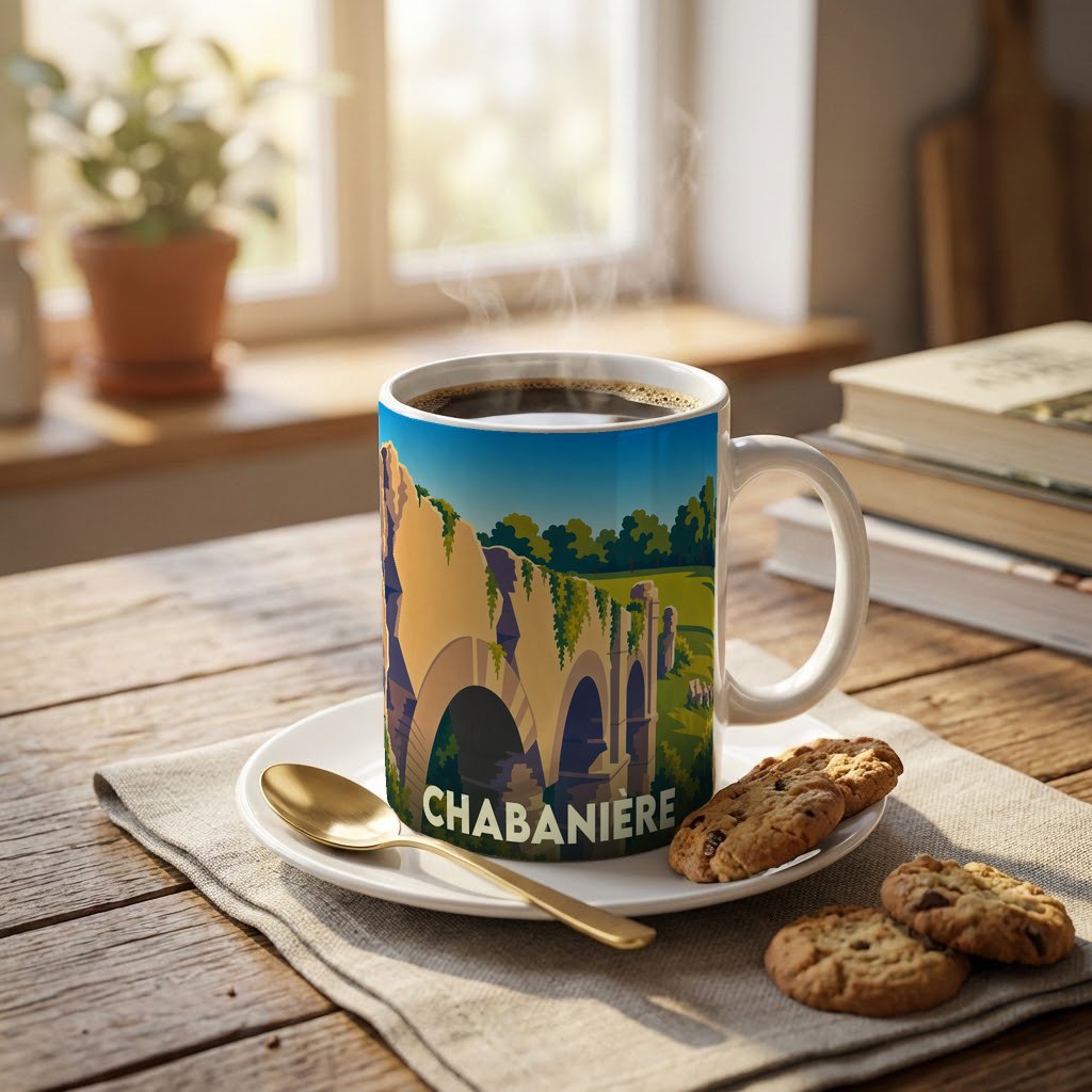 Mug souvenir de la ville de Chabanière orné d'une illustration stylisée de pont ancien.
