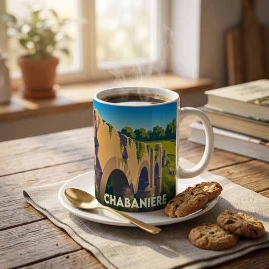 Mug souvenir de la ville de Chabanière orné d'une illustration stylisée de pont ancien.