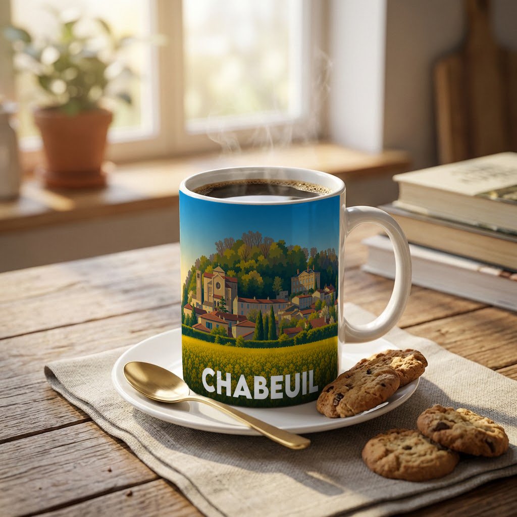 Mug souvenir de la ville de Chabeuil avec une illustration stylisée d'un paysage urbain.