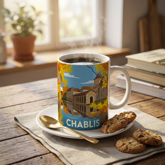 Mug souvenir de la ville de Chablis avec une illustration stylisée de ses bâtiments au bord de l'eau.