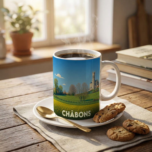 Mug souvenir de la ville de Châbons orné d'une illustration stylisée d'un paysage champêtre.