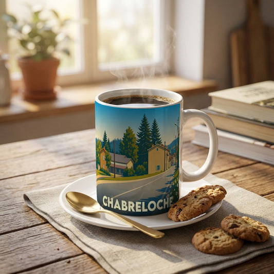 Mug souvenir de la ville de Chabreloche avec une illustration stylisée de ses paysages et habitations.