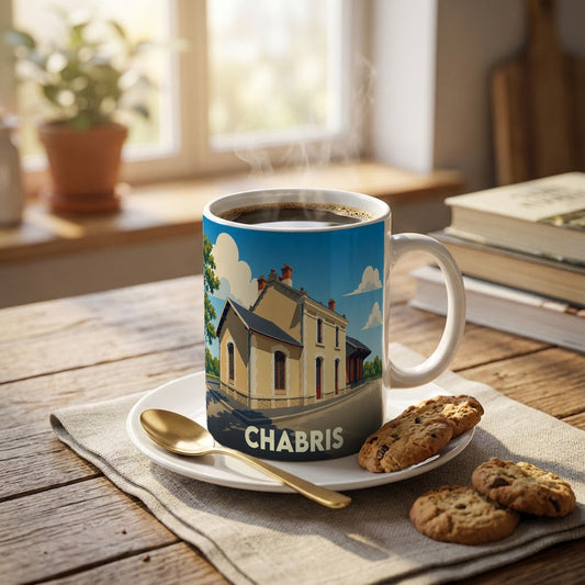 Mug souvenir de la ville de Chabris orné d'une illustration stylisée de son architecture locale.