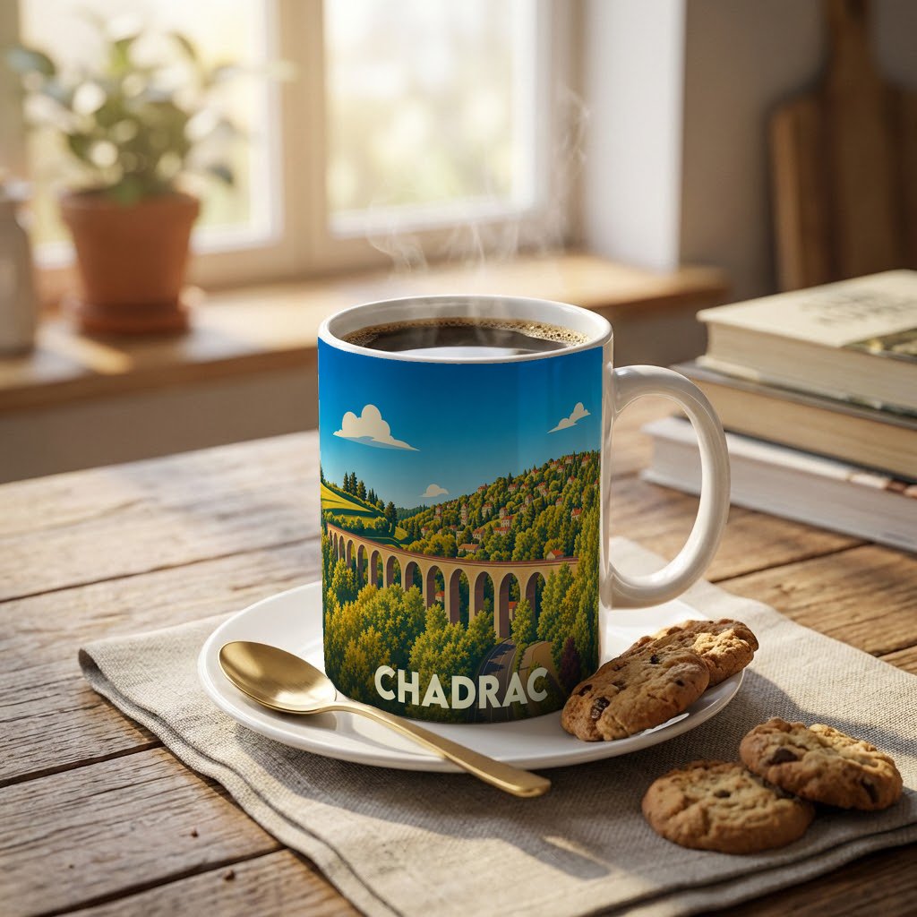 Mug souvenir de la ville de Chadrac illustré d'un viaduc dans un paysage verdoyant.