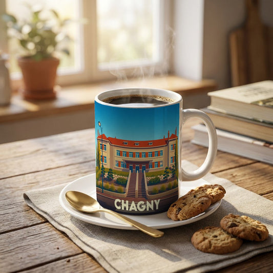 Mug souvenir de la ville de Chagny avec une illustration colorée de son hôtel de ville.
