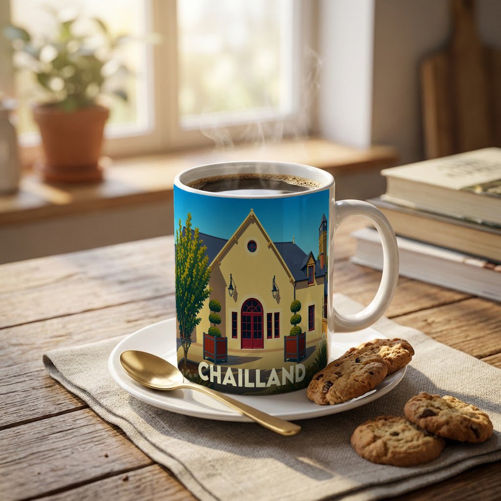 Mug souvenir de la ville de Chailland orné d'une illustration stylisée de son architecture.
