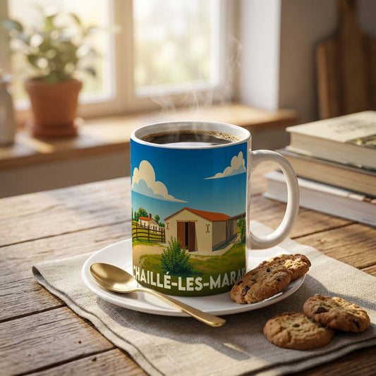 Mug souvenir de la ville de Chaillé-les-Marais orné d'une illustration champêtre stylisée.