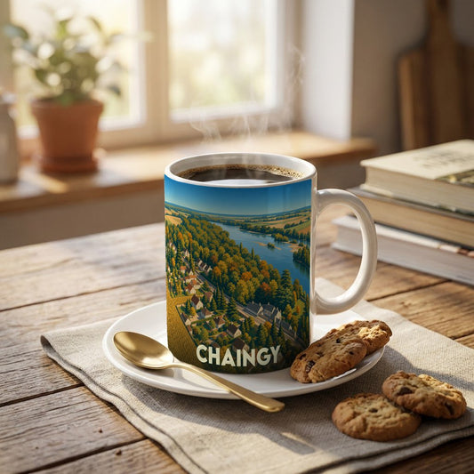 Mug souvenir de la ville de Chaingy orné d'une illustration paysagère stylisée.