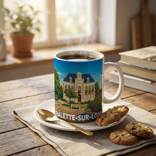 Mug souvenir de la ville de Châlette-sur-Loing avec une illustration stylisée de son architecture.