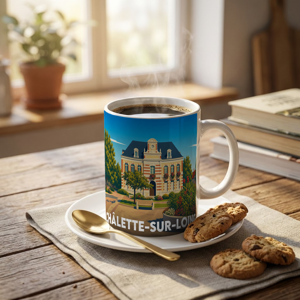 Mug souvenir de la ville de Châlette-sur-Loing avec une illustration stylisée de son architecture.