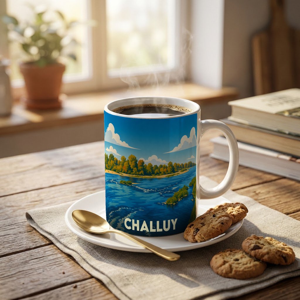 Mug souvenir de la ville de Challuy orné d'une illustration stylisée de bord de rivière.